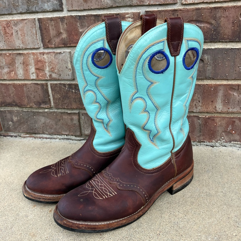 Ariat Brown Leather Foot Cowboy Boots with Turquoise Shaft and Blue Accents